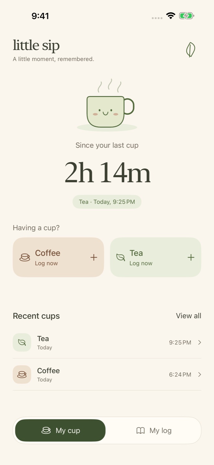 Little Sip home screen showing 2 hours 14 minutes since the last tea, with Coffee and Tea logging buttons