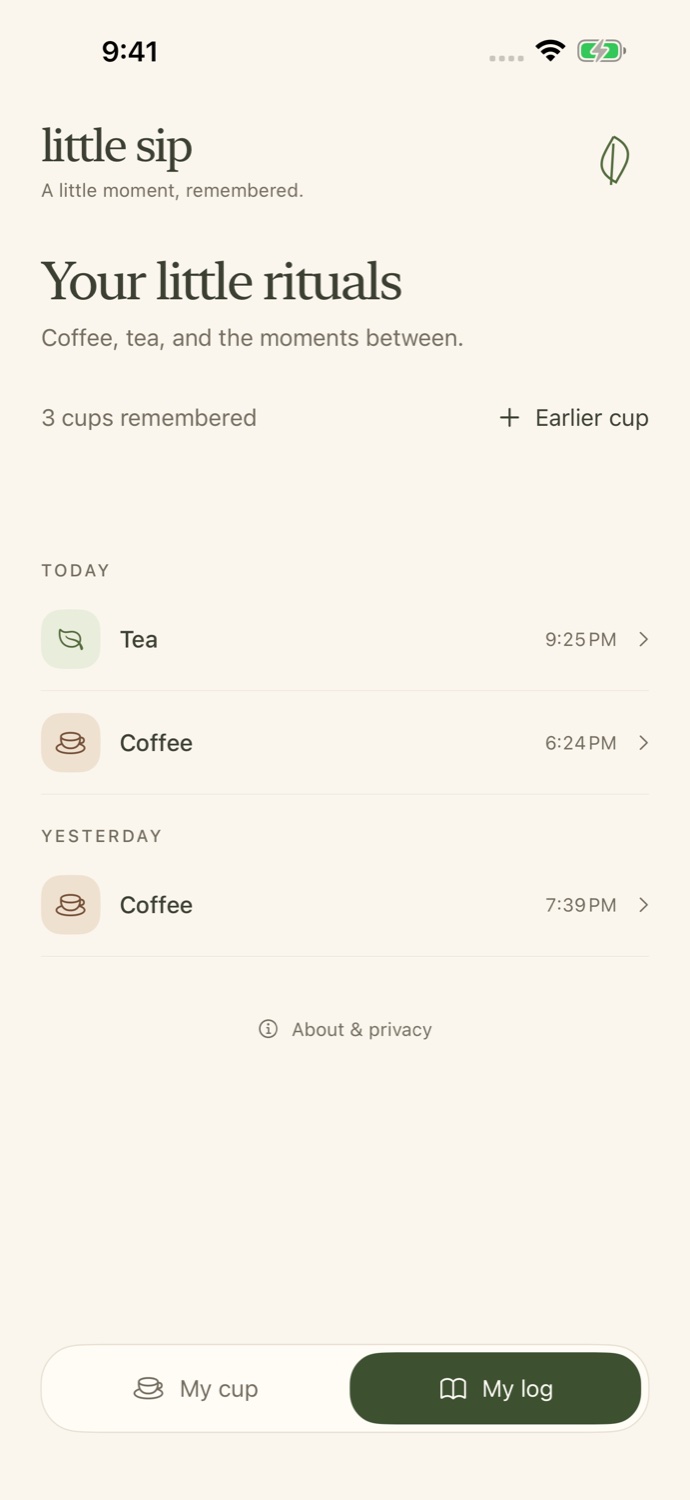 The My log screen, with tea and coffee entries grouped under Today and Yesterday