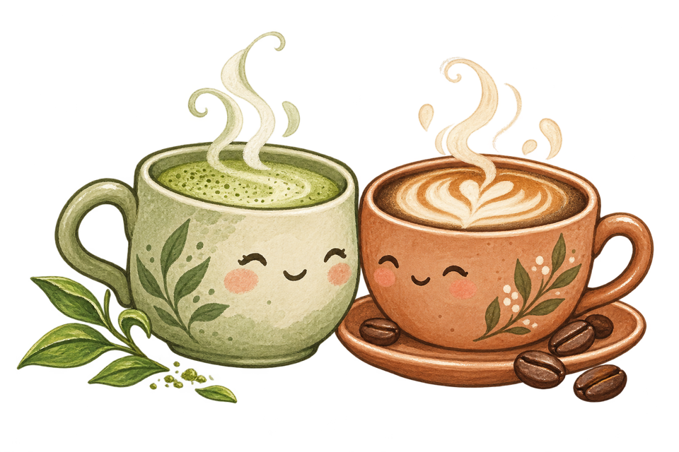 Two little smiling coffee and tea cups