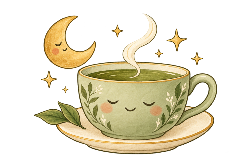 A sleepy smiling tea cup beside a little moon and stars