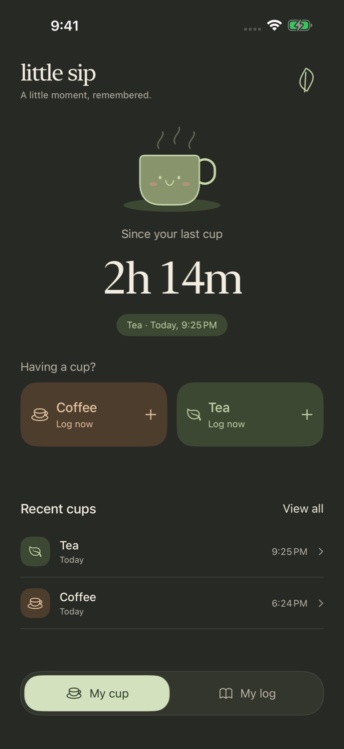 Little Sip home screen in the dark evening theme