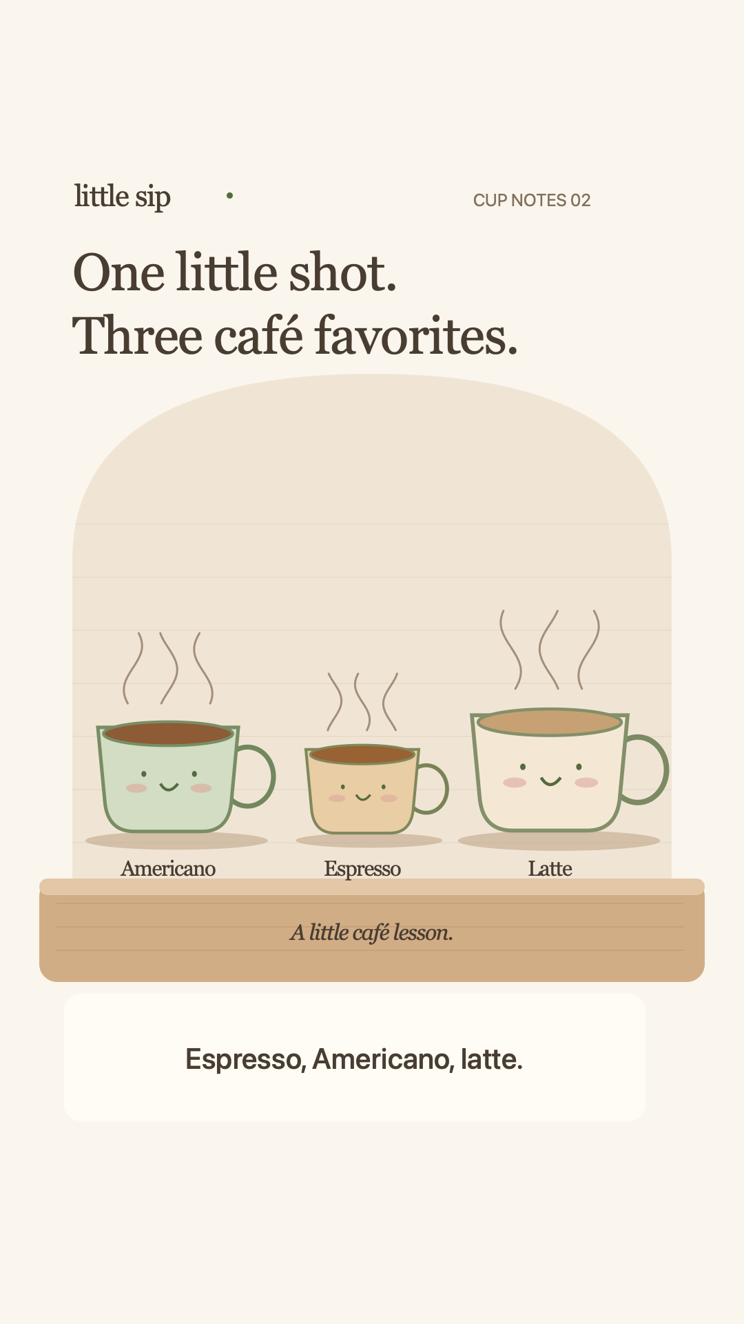 A smiling espresso cup beside an Americano and a latte in Little Sip’s warm illustrated café.