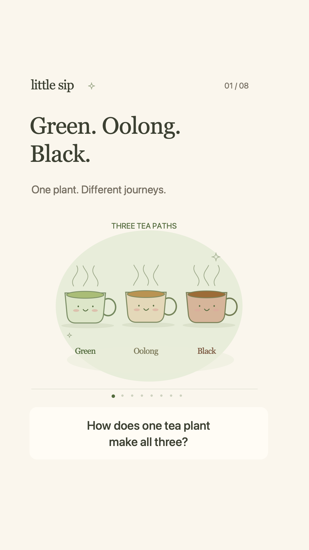 Three smiling cups labeled Green, Oolong and Black beneath the words One plant. Different journeys.